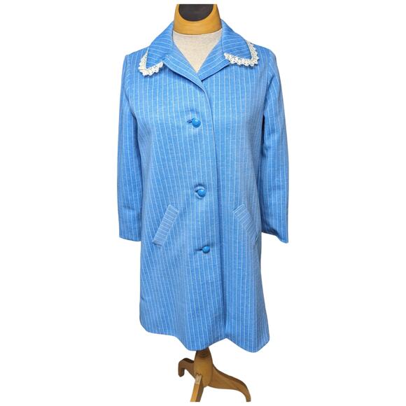 Vtg 1960s Mod Blue Polyester Pinstriped Lace Trim Collar Jacket Mini Dress M - Picture 2 of 7